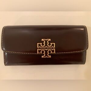 Tory Burch Dark Burgundy Leather Clutch Wallet with Gold Logo Emblem - NEW